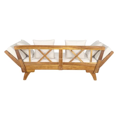 Merax Outdoor Patio Daybed Sofa,3-Seat Sofa with Foldable Arm 4 Back Pillows,Teak Acacia Wood Frame Beige Removable Cushion,Teak+ Beige Merax