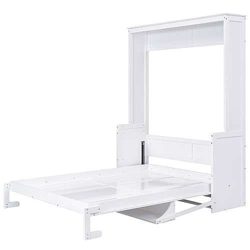 FAVSH Queen Size Murphy Bed with Shelf, Modern Solid Pine Wood Wall Bed, Space-Saving Hidden Bed,Fold-The-Way Bed for Bedroom,No Box Spring Needed,White FAVSH