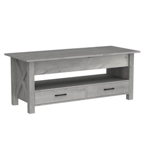Seventable Coffee Table, 47.2" Lift Top Coffee Table with 2 Storage Drawers and Hidden Compartment, Retro Center Table with Wooden Lift Tabletop for Living Room, Gray Seventable