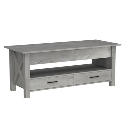 Seventable Coffee Table, 47.2" Lift Top Coffee Table with 2 Storage Drawers and Hidden Compartment, Retro Center Table with Wooden Lift Tabletop for Living Room, Gray - WoodArtSupply