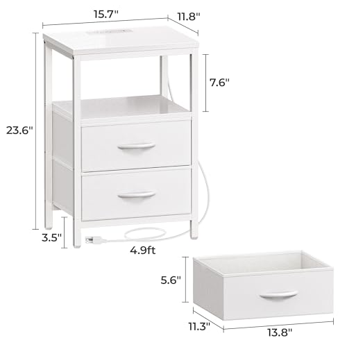 Huuger Nightstand with Charging Station, Side Table with 2 Fabric Drawers, End Table with Open Shelf, Bedside Table with USB-C Port and Outlets, Night Stand, PU Leather, White Huuger