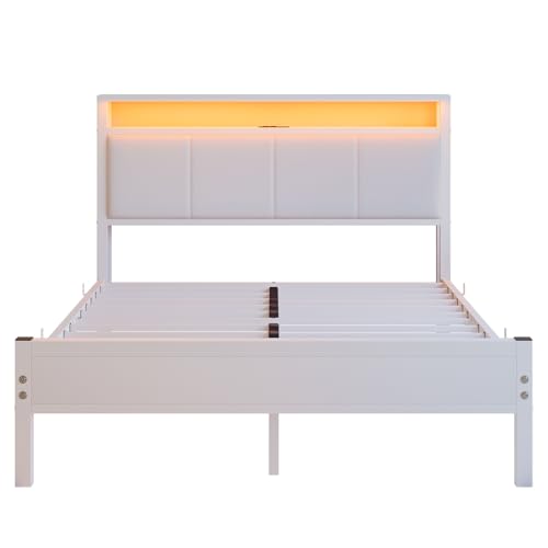 VECOCHO Full Size Bed Frame with LED Lights,Upholstered Headboard with Storage Shelves&Charging Station, Heavy Duty LED Bed Frame Full Mattress Foundation No Box Spring Needed, Noise Free,White VECOCHO