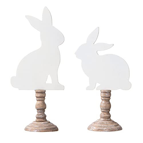 Glitzhome Easter Bunny Decor Set of 2 Wooden Bunny Signs Table Decor Farmhouse Rustic Wood Bunny Blocks Hand Painted Rabbit Statues for Spring Decorations Home Mantel Easter Collectible Ornaments Glitzhome
