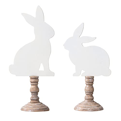 Glitzhome Easter Bunny Decor Set of 2 Wooden Bunny Signs Table Decor Farmhouse Rustic Wood Bunny Blocks Hand Painted Rabbit Statues for Spring Decorations Home Mantel Easter Collectible Ornaments