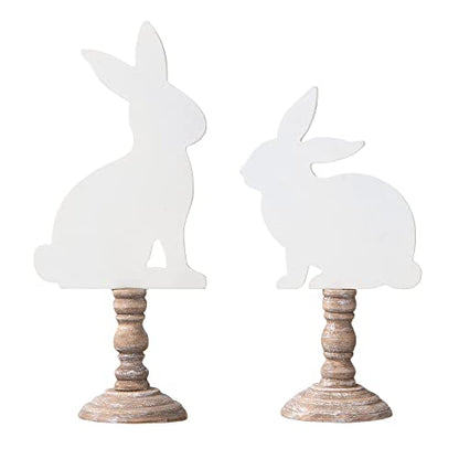 Glitzhome Easter Bunny Decor Set of 2 Wooden Bunny Signs Table Decor Farmhouse Rustic Wood Bunny Blocks Hand Painted Rabbit Statues for Spring Decorations Home Mantel Easter Collectible Ornaments