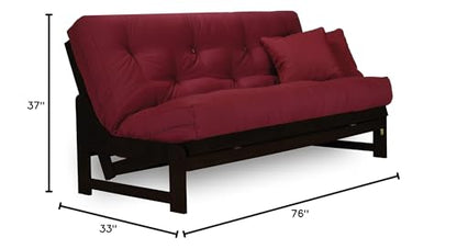 Arden Dark Espresso (Near Black) Futon Set Full or Queen Size - Armless Wood Futon Frame with Mattress Included (Twill Burgundy), Modern Sofa Bed Sleeper