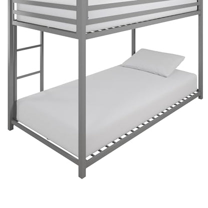 DHP Miles Silver Low Metal Bunk Bed Frame for Kids - Twin Over Twin with Built-in Ladder and High Guardrails - WoodArtSupply