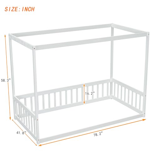 CITYLIGHT Twin Size Wood Canopy Bed with Fence Guardrails,4-Poster Canopy Floor Bed Frame,Low Profile Platform Beds for Kids Girls Boys,White