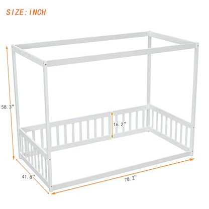 CITYLIGHT Twin Size Wood Canopy Bed with Fence Guardrails,4-Poster Canopy Floor Bed Frame,Low Profile Platform Beds for Kids Girls Boys,White