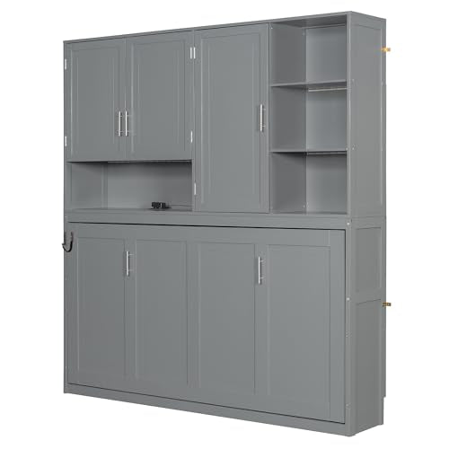 SOFTSEA Twin Size Horizontal Murphy Bed with Bookcase, LED Light and USB Charging Station, Space-Saving Hideaway Wall Bed Frame, Grey SOFTSEA