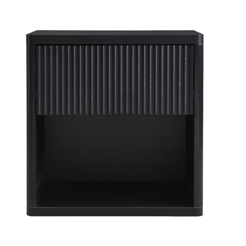 Yechen 22.8" W Black Nightstand Set of 2 with Hidden Drawers and Open Shelves, Mid Century Modern Nightstand Curved Profile, Large Wood Fluted Night Stand, Accent Bedside End Table Yechen