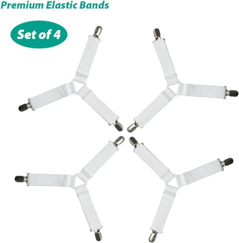 Bed Sheet Fasteners, Adjustable Mattress Suspenders, Mattress Cover Straps, Bed Corner Holder and Keepers and the Bed Sheet Grippers Clips (Triangle White Set of 4) RayTour
