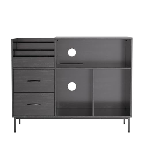 HarmoFurn Record Player Stand with Flip-Top, Wood Vinyl Storage Cabinet with 2-Outlet Power Strip, Drawers & Dustproof Cubbies, Media Console, Black, 35.4x15x27.6 Inches HarmoFurn