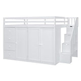Ball & Cast Full Size Loft Bed with Storage Staircase & Safety Guardrail,Sturdy Wood Bedframe W/ 3 Cabinets & 4 Drawers,Built-in Wardrobes,Space Saving,for Boy Girl Kids Small Bedroom Dormitory,White Ball & Cast