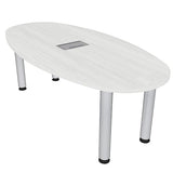 6-Person Oval Boat Shaped Conference Table with Power & Data | Harmony Series | Brushed Silver Metal Post Legs | Meeting Tables for Offices, Training Rooms, & Homes | White Cypress – 5ft SKUTCHI DESIGNS INC.