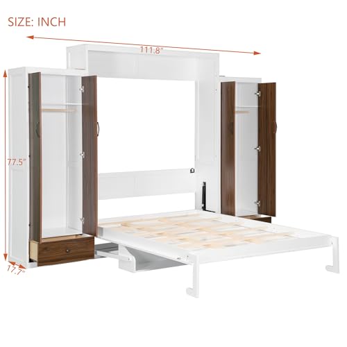 Flieks Full Size Murphy Bed, Wooden Full Wall Bed with Closet, Drawers and Desk, White Flieks