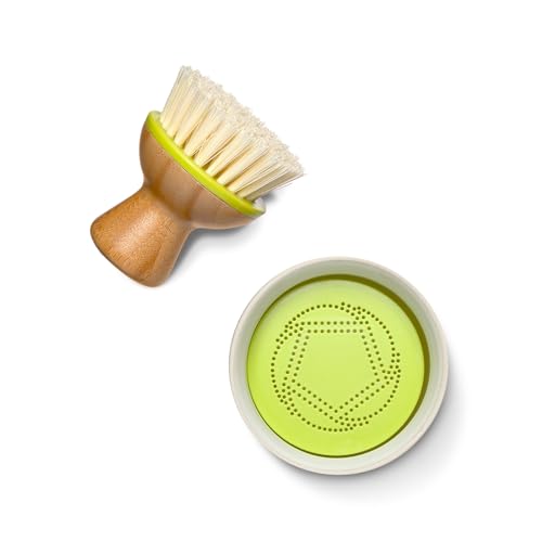 Full Circle Bubble Up- Eco-Friendly Bamboo Dish Brush & Ceramic Soap Dispenser - Natural Scrub Set for Dishes, Cast Iron - Kitchen Cleaning with Handle, White