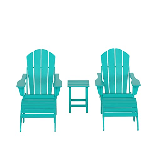 WestinTrends Malibu Outdoor Lounge Chairs Set, 5-Pieces Adirondack Chair Set of 2 with Ottoman and Side Table, All Weather Poly Lumber Patio Lawn Folding Chair for Outside, Turquoise