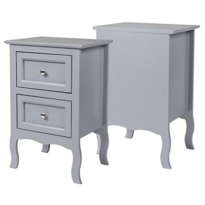 Karl home Grey Nightstand Set of 2 for Bedroom, Vintage Small Night Stand with Drawers, Farmhouse Side Table, Wooden End Tables with Curved Legs for Office, Mid-Century - WoodArtSupply