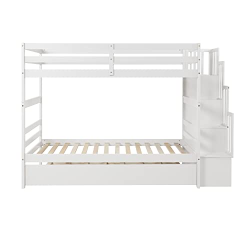 Twin Over Twin Bunk Bed with Trundle,Solid Wood Bunk Beds with Storage Stairs,Bunk Bed Twin Size with Stairs for Kids,Teens,Adults,White Bellemave