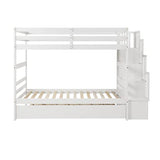 Twin Over Twin Bunk Bed with Trundle,Solid Wood Bunk Beds with Storage Stairs,Bunk Bed Twin Size with Stairs for Kids,Teens,Adults,White Bellemave