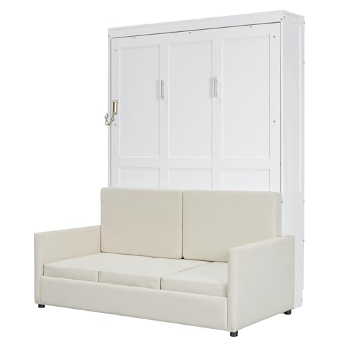 P PURLOVE Full Wood Murphy Bed with Sofa, Wall Bed Without Slats, No Box Spring Needed (White) P PURLOVE