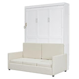 P PURLOVE Full Wood Murphy Bed with Sofa, Wall Bed Without Slats, No Box Spring Needed (White) P PURLOVE