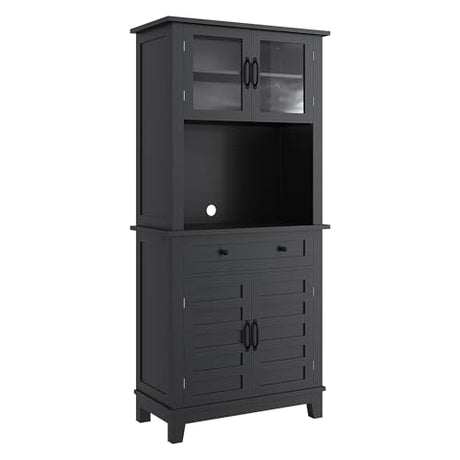 IDEALHOUSE 72" in Tall Kitchen Pantry Storage Cabinet, Elegant Pantry Hutch Bar Cabinet with Microwave Stand & Drawers, Glass Doors for Dining Room, Kitchen, Living Room (Black & 32 Inches Wide) IDEALHOUSE