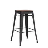 Alunaune 24" Metal Bar Stools Set of 4 Stackable Counter Height Barstools Backless Industrial Kitchen Bar Chairs with Wooden Seat-Matte Black Alunaune