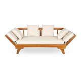 Merax Outdoor Patio Daybed Sofa,3-Seat Sofa with Foldable Arm 4 Back Pillows,Teak Acacia Wood Frame Beige Removable Cushion,Teak+ Beige Merax