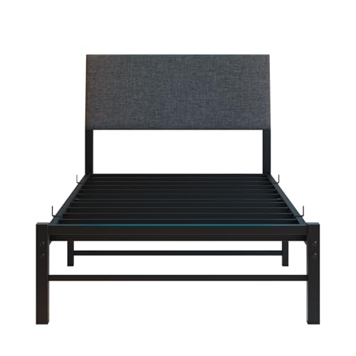 VECOCHO Twin Bed Frame with Storage Headboard,Heavy Duty Metal Platform Bed Frame Twin with Charging Station and LED Lights,Ergonomic Upholstered Single Bed No Box Spring Needed,Noise-Free Slats,Black VECOCHO