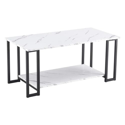 Nicemoods 39.37" Coffee Table, 2 Layers 1.5cm Thick Marble MDF Rectangle Tabletop Iron Coffee Table, Dining Room, Coffee Shop, Restaurant, White Top (White+ Black Leg) Nicemoods