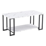 Nicemoods 39.37" Coffee Table, 2 Layers 1.5cm Thick Marble MDF Rectangle Tabletop Iron Coffee Table, Dining Room, Coffee Shop, Restaurant, White Top (White+ Black Leg) Nicemoods