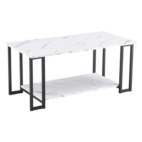 Nicemoods 39.37" Coffee Table, 2 Layers 1.5cm Thick Marble MDF Rectangle Tabletop Iron Coffee Table, Dining Room, Coffee Shop, Restaurant, White Top (White+ Black Leg) Nicemoods
