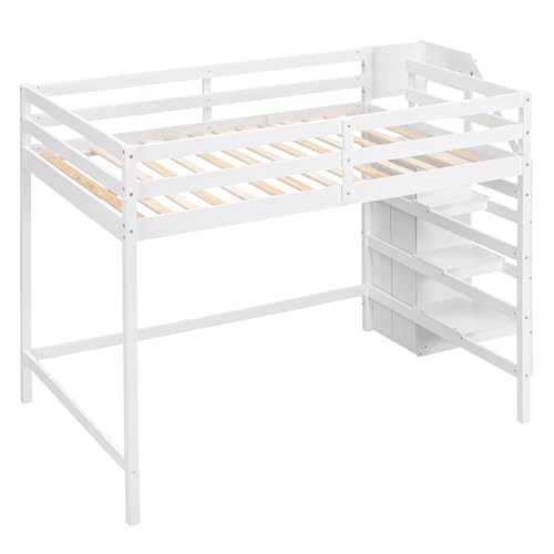 Bellemave Full Size Loft Bed with Stairs and Built-in Storage Wardrobe, Wood Loft Bed Frame with Storage Shelves and Hanging Rod White Loft Beds for Kids Boys Girls Adults Teens Dorm Bedroom Bellemave