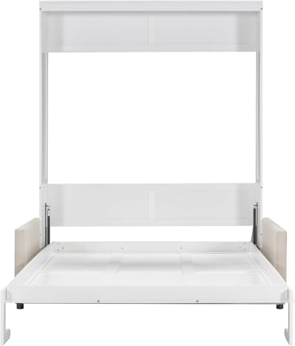 Virubi Queen Murphy Bed with Couch,Wood Folding Murphy Wall Bed Cabinet with Sofa (White,Queen) Virubi