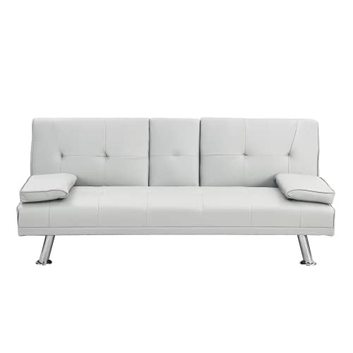 Futon Sofa Bed Modern Folding Couch for Small Space, Faux Leather Convertible Loveseat Sleeper Bed Daybed Recliner Lounge Sofas for Living Room,2 Cup Holders,Metal Legs,Removable Armrests (White) Anwick