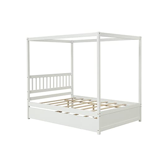 Bellemave Full Size Canopy Bed with Twin Trundle, Platform Bed with Headboard for Bedroom Guestroom Small Room, Solid Wood Bed Frame with Support Slats, Easy Assembly, No Box Spring Needed (White)