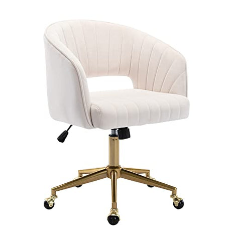 Home Office Chair Swivel Velvet Desk Chair Accent Armchair Upholstered Modern Tufted Chairs with Gold Base for Girls Women Ergonomic Study Seat Computer Task Stools for Living Room(Cream) KCC