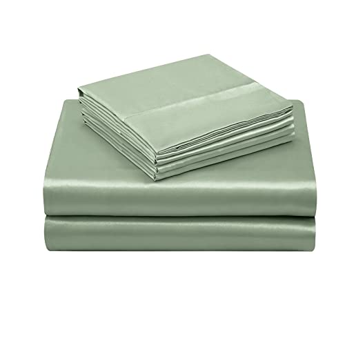 TREELY 6 Piece Queen Size Satin Sheets Set - Silky Smooth Sage Green With Deep Pocket, Fitted Sheet, Flat Sheet, 4 Pillowcases TREELY