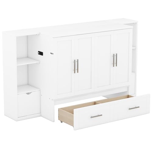 Queen Murphy Bed Wall Bed with Storage and Bookcase Headboard, Solid Wood Murphy Cabinets Bed with Shelves, Drawers and USB Ports, Multi-Function Platform Bed for Home Office, Guest Room - White Harper & Bright Designs