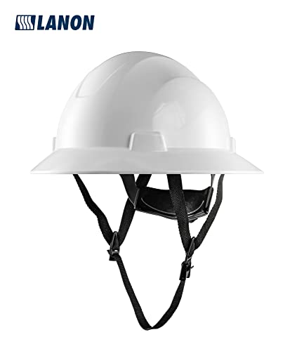 LANON White Full Brim Hard Hat, OSHA Construction Work Approved, HDPE Safety Helmet with 4 Point Adjustable Ratchet Suspension, Class E, G & C LANON Protection