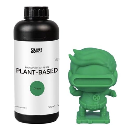 JUSTMAKER 3D Printer Resin Plant-Based Resin, Safe and Odorless Resin, 405nm Standard Photopolymer Resin, Low VOC, Low Viscosity and Wide Compatibility 3D Printing Resin, 1KG - Green