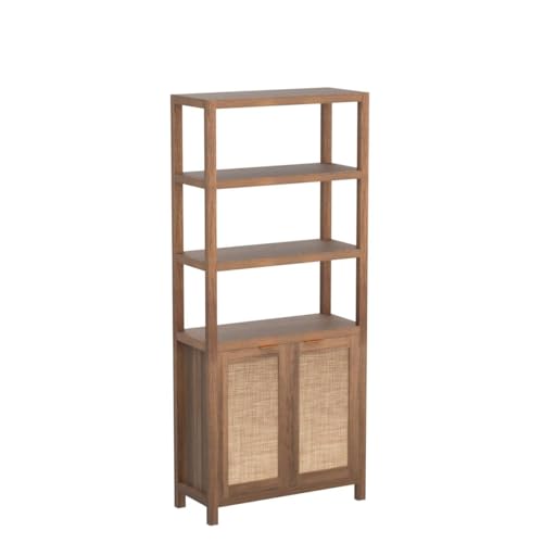 SICOTAS 5-Tier Rattan Boho Bookshelf with Doors - Tall Oak Bookcase for Stylish Storage SICOTAS