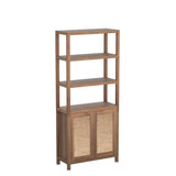 SICOTAS 5-Tier Rattan Boho Bookshelf with Doors - Tall Oak Bookcase for Stylish Storage SICOTAS