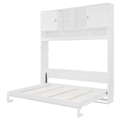 Merax Queen Size Murphy Bed with Top Cabinets and Shelves, Fold into The Wall, Space-Saving Design, Multifunctional Foldable Platform Bed Frame for Bedroom, Guest Room, Home Office, White Merax