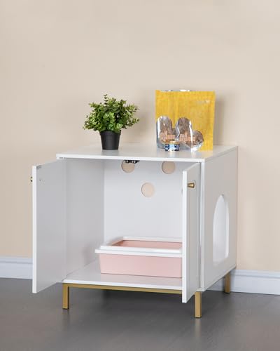 Hzuaneri Cat Litter Box Enclosure, Hidden Litter Box Furniture, Wooden Pet House Side End Table, Storage Cabinet Bench, Fit Most Cat and Litter Box, Living Room, Bedroom, White and Gold CB81203G Hzuaneri