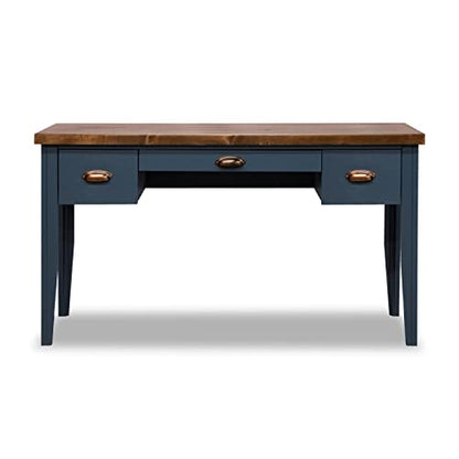 Bridgevine Home Nantucket Modern Farmhouse 3-Drawer Writing Desk, 53 Inches, Fully Assembled, Poplar Solid Wood, Blue Denim and Whiskey Finish - WoodArtSupply