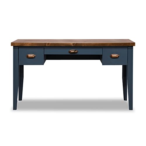 Bridgevine Home Nantucket Modern Farmhouse 3-Drawer Writing Desk, 53 Inches, Fully Assembled, Poplar Solid Wood, Blue Denim and Whiskey Finish - WoodArtSupply