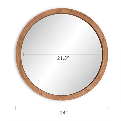 Barnyard Designs 24" Round Wood Mirror - Natural Wooden Frame, Large Circle Mirror for Wall, Home Decor or Bathroom Vanity, Brown - WoodArtSupply